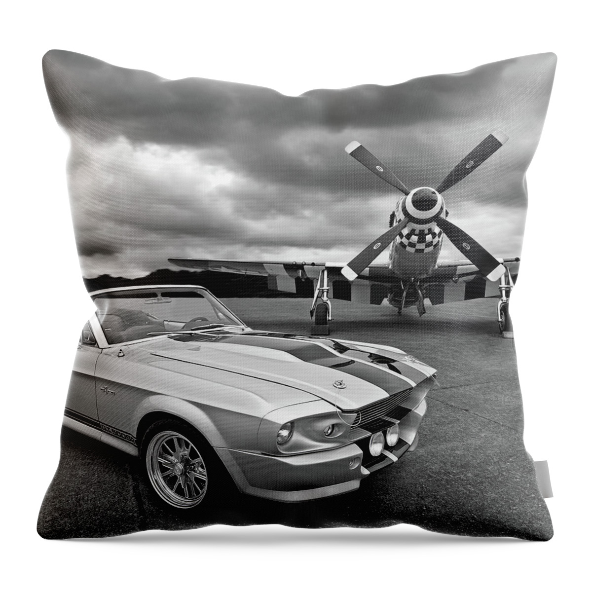 Mustang Throw Pillow featuring the photograph Eleanor Mustang with P51 Black and White by Gill Billington