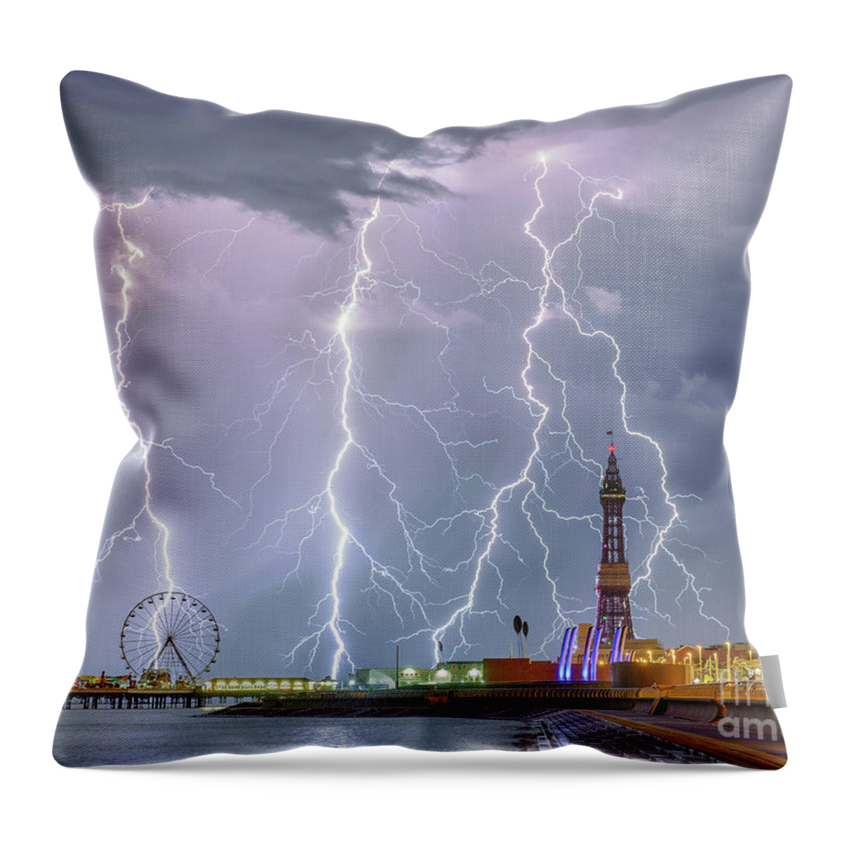 Blackpool Lightning Main Strikes Multiple Strike Forked Storm Electrical Lancashire England Uk Throw Pillow featuring the photograph Electric Blackpool by Stephen Cheatley