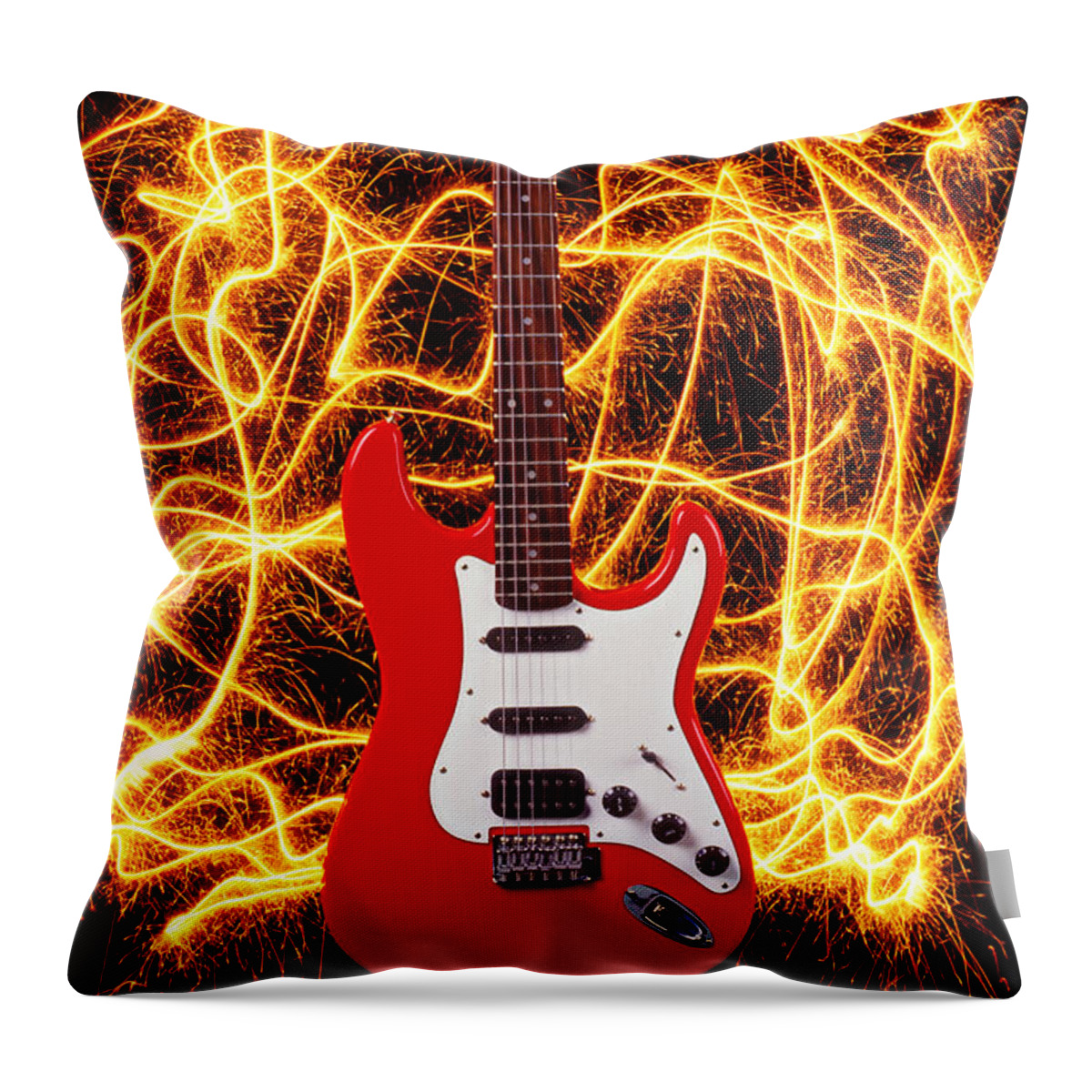 Electric Guitar Sparks Throw Pillow featuring the photograph Electric guitar with sparks by Garry Gay