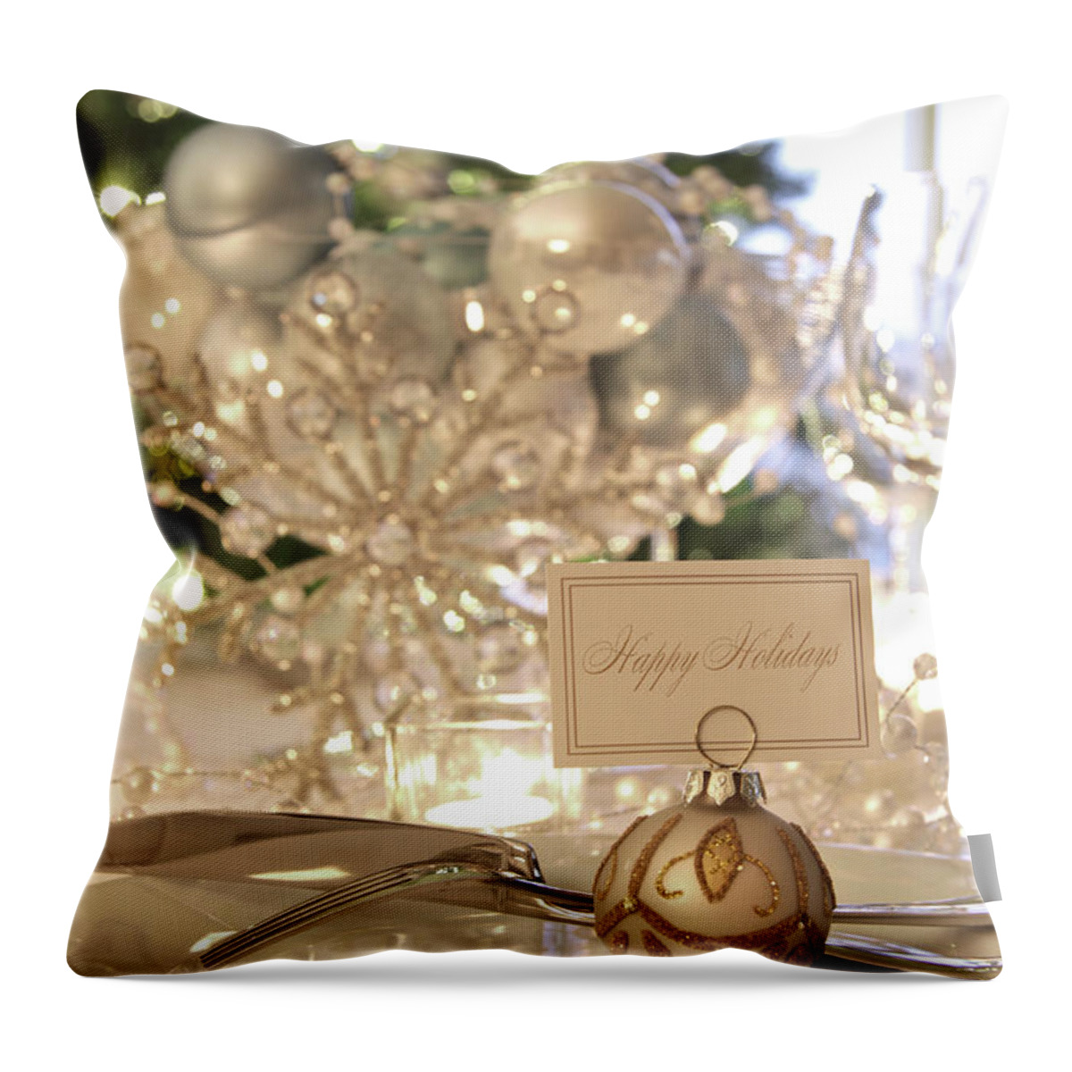 Candle Throw Pillow featuring the photograph Elegant holiday dinner table with focus on place card by Sandra Cunningham