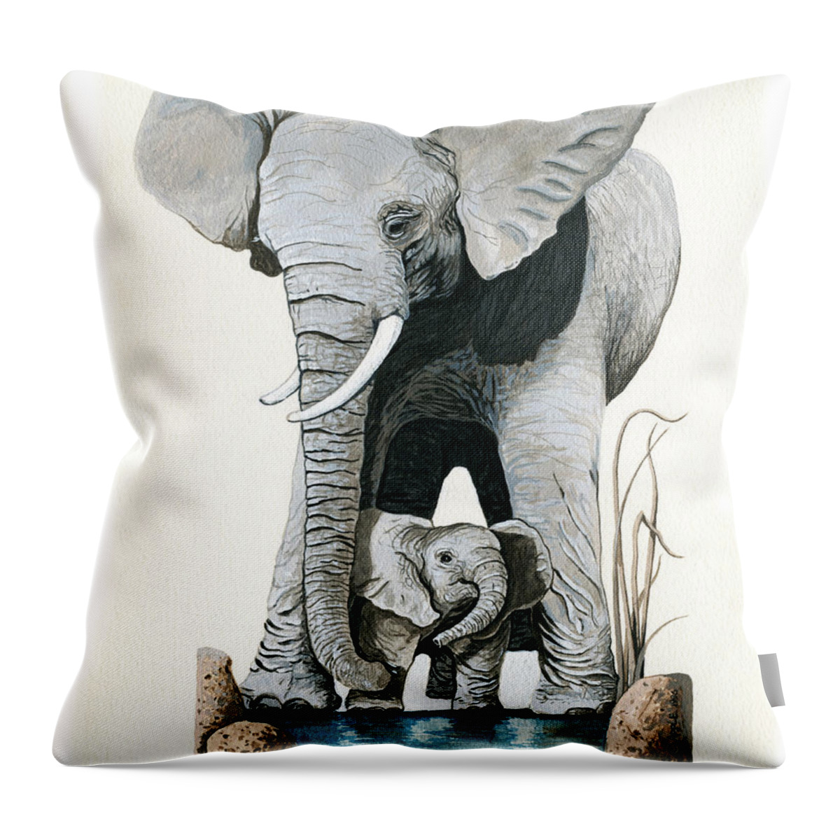 Elephant Art Throw Pillow featuring the painting Elephants - Protect our Children wildlife painting by Linda Apple