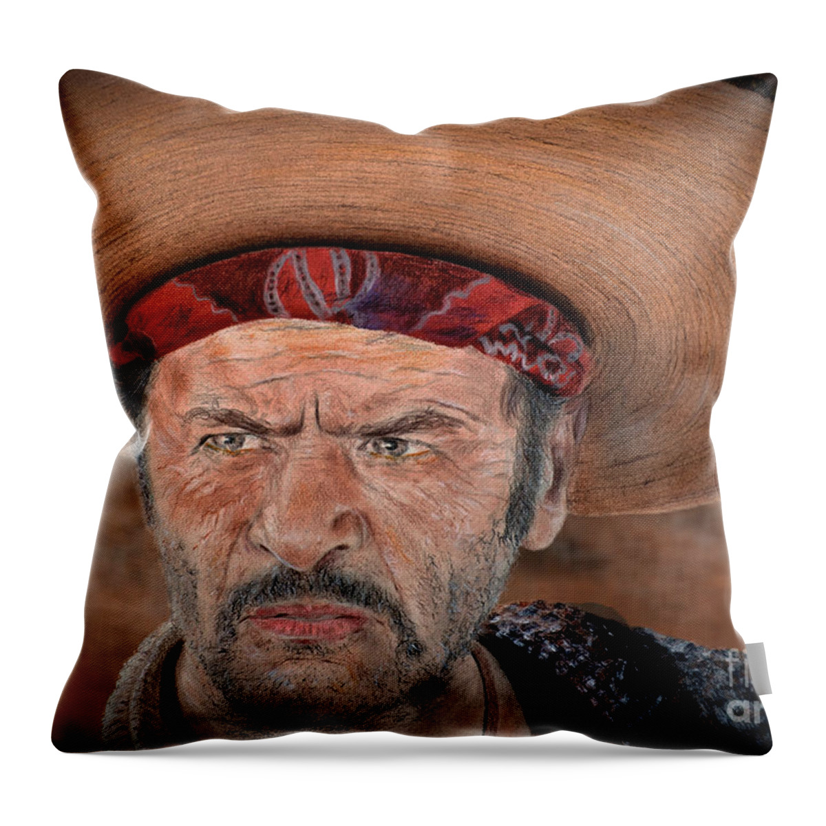 Eli Wallach As Tuco In The Good The Bad And The Ugly Throw Pillow featuring the drawing Eli Wallach as Tuco in The Good the Bad and the Ugly Version II by Jim Fitzpatrick