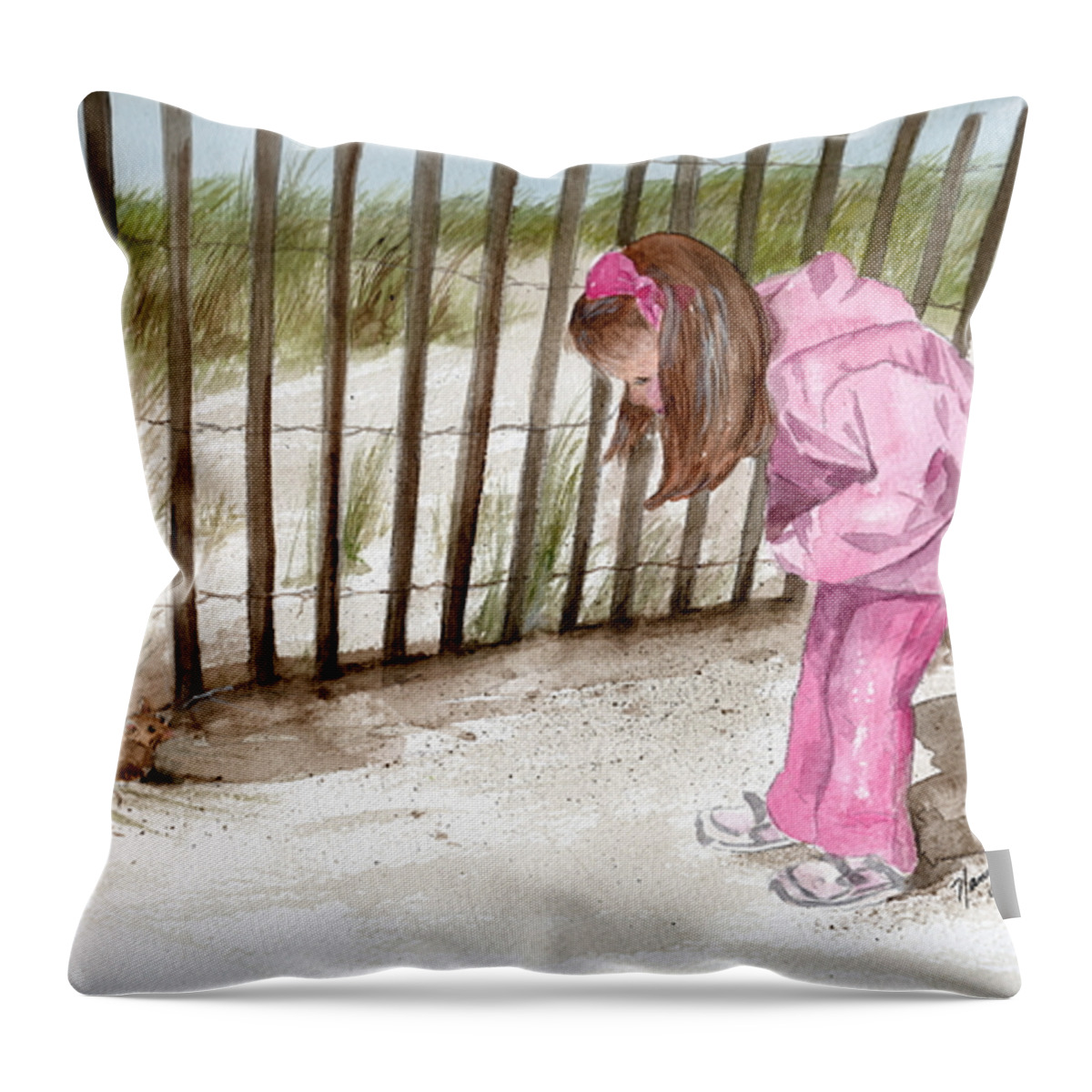 Beach Throw Pillow featuring the painting Ella Spots a Mouse by Nancy Patterson