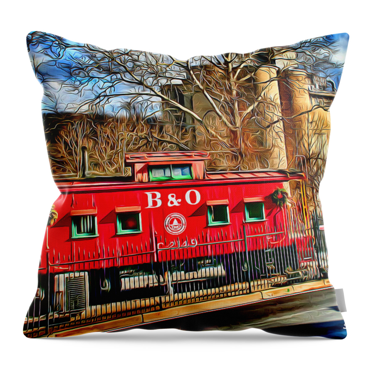 Ellicott Throw Pillow featuring the digital art Ellicott City Train and Factory by Stephen Younts