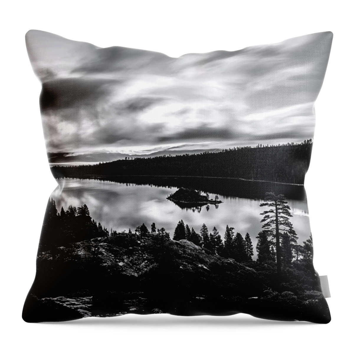 Black And White Throw Pillow featuring the photograph Emerald Bay Rays Black and White by Brad Scott by Brad Scott