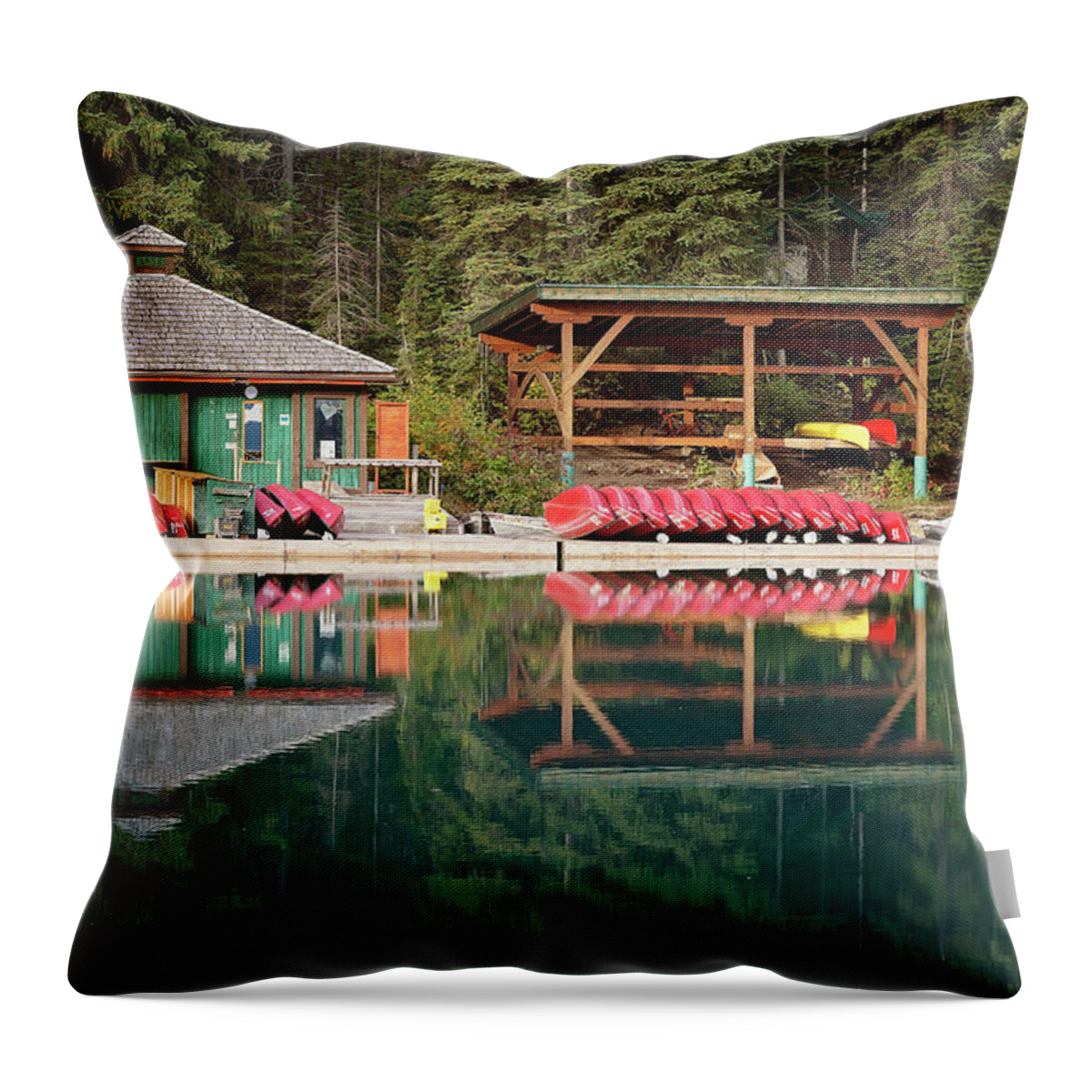 Emerald Lake Throw Pillow featuring the photograph Emerald Lake Boathouse by Deborah Penland