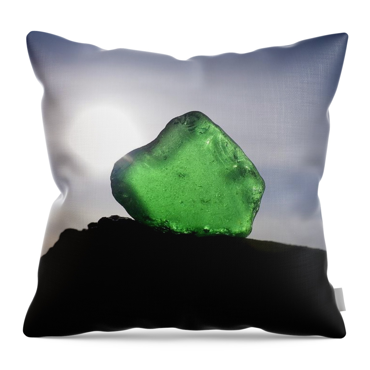 Sea Glass Throw Pillow featuring the photograph Emerald Sea Glass On Rock by Richard Brookes