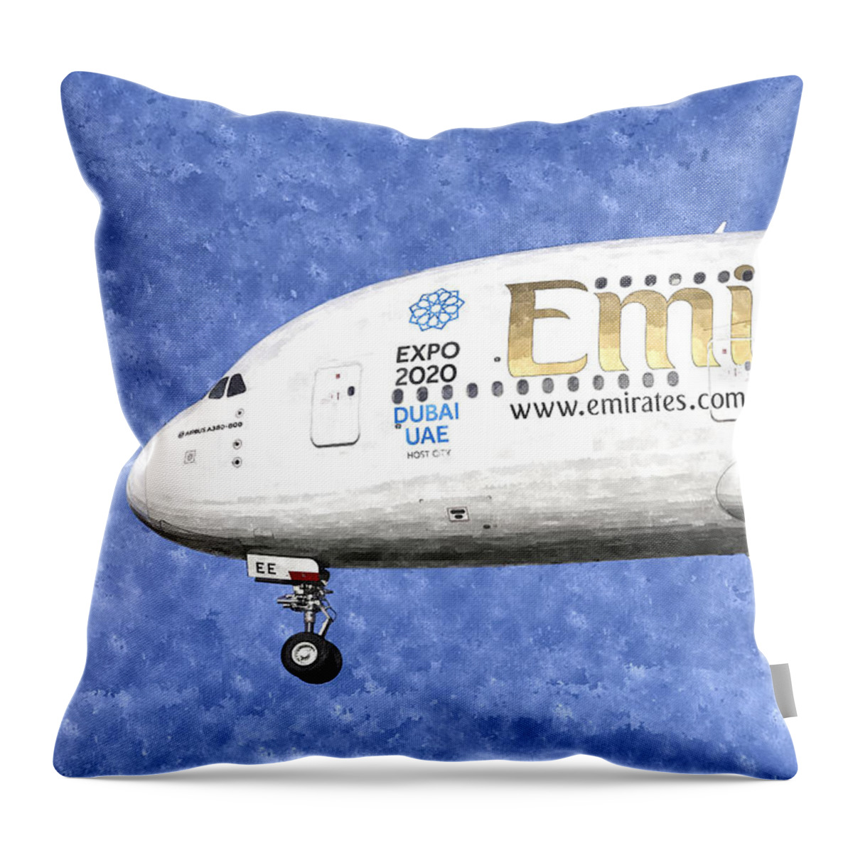 Emirates Airbus A380 Throw Pillow featuring the photograph Emirates A380 Airbus Watercolour by David Pyatt