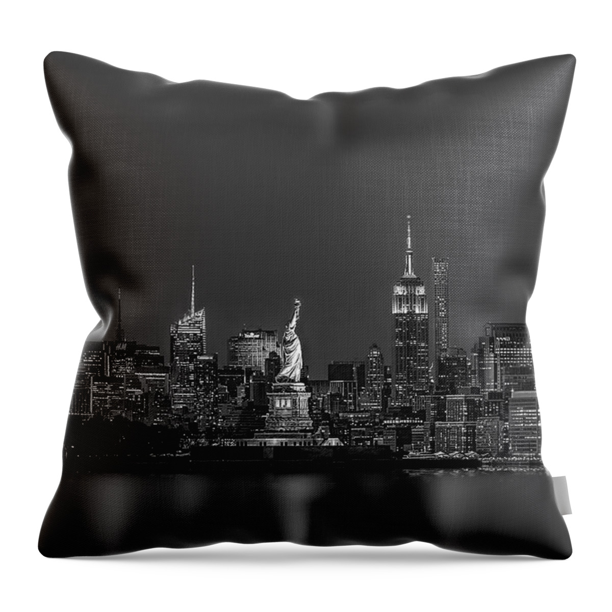 Statue Of Liberty Throw Pillow featuring the photograph Empire State And Statue Of Liberty BW by Susan Candelario