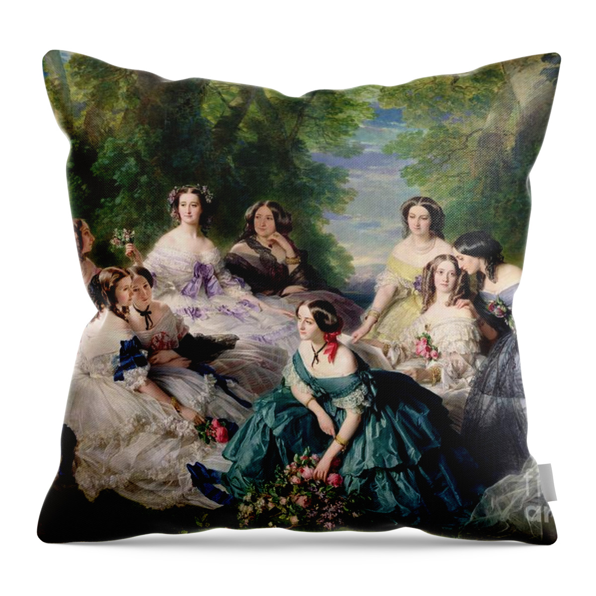 Empress Throw Pillow featuring the painting Empress Eugenie Surrounded by her Ladies in Waiting by Franz Xaver Winterhalter