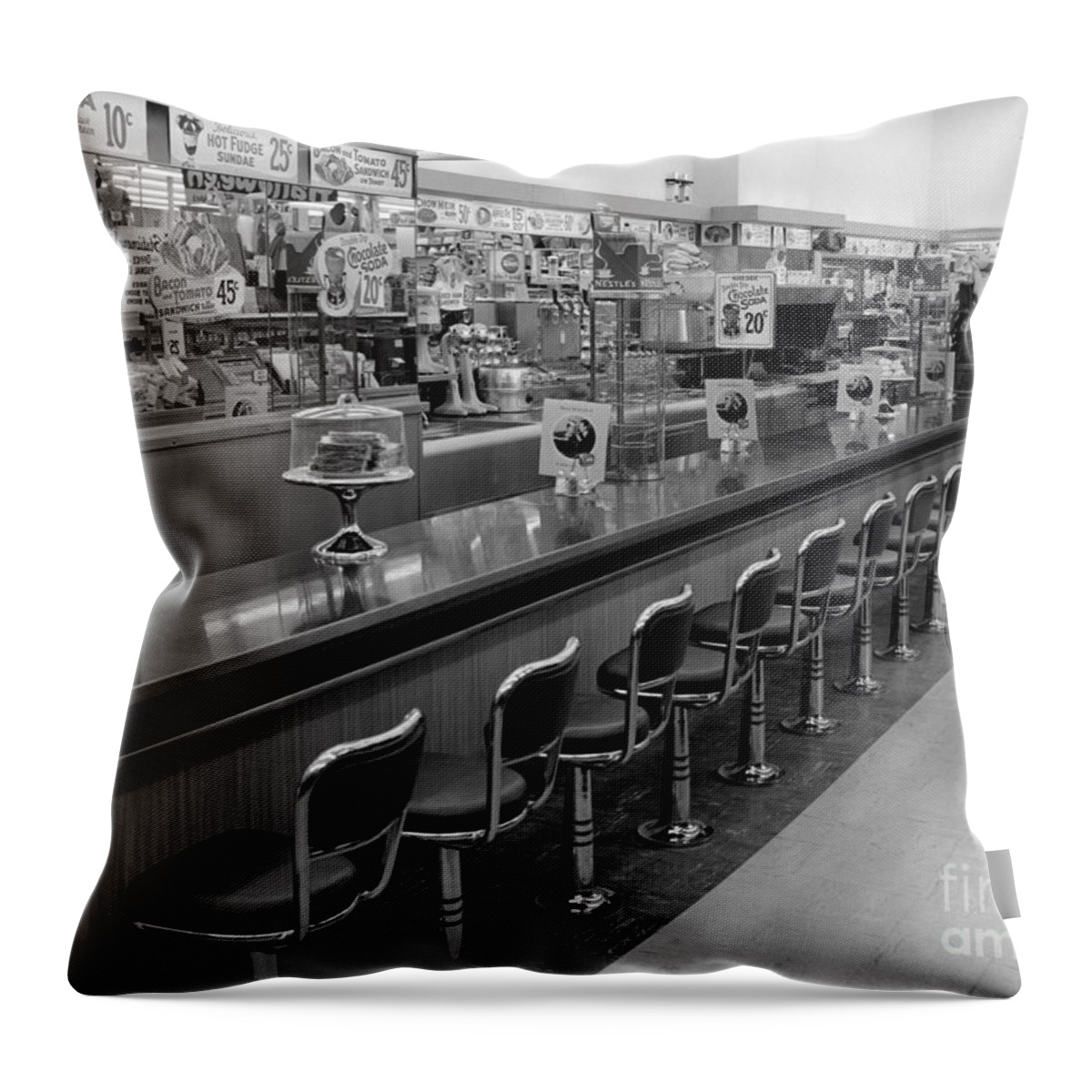 1950s Throw Pillow featuring the photograph Empty Diner, C.1950-60s by H. Armstrong Roberts/ClassicStock
