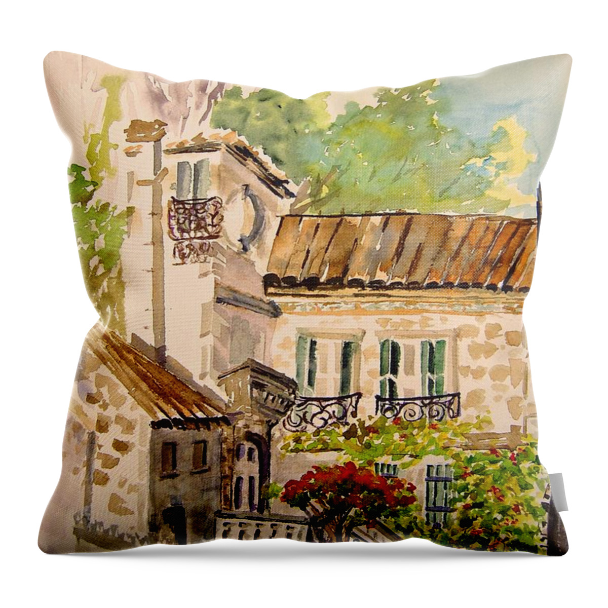 France Throw Pillow featuring the painting En Plein air at Moulin de la Roque France by Jo Smoley