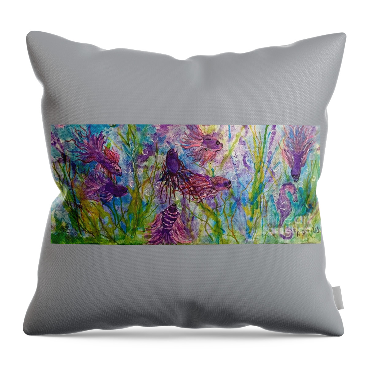 Purple Throw Pillow featuring the painting Enchanted sealife party by Anne Sands