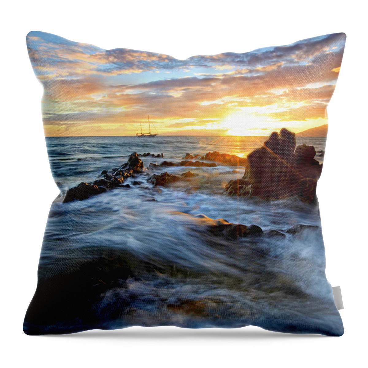 Kihei Maui Hawaii Charlie Young Beach Seascape Lava Ocean Clouds Ship Sunset Throw Pillow featuring the photograph Endless Ocean by James Roemmling