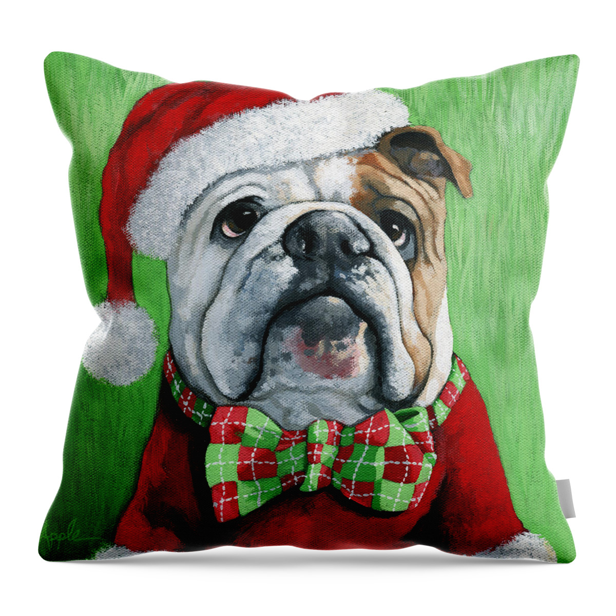 Santa Dog Throw Pillow featuring the painting Holiday Cheer -English Bulldog Santa dog painting by Linda Apple