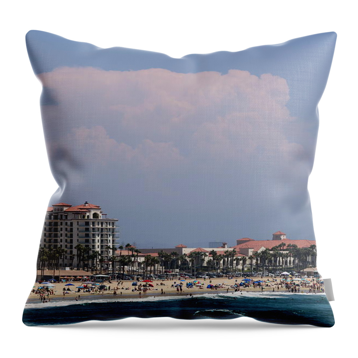 Huntington Beach California Throw Pillow featuring the photograph Enhanced Beach Scene at Huntington Beach California by Colleen Cornelius