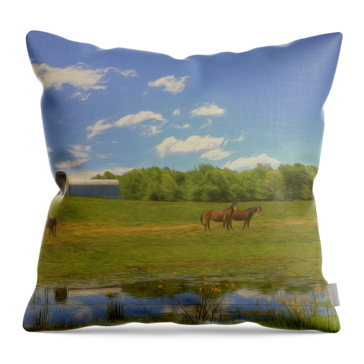 Horses Throw Pillow featuring the digital art Enjoying Spring by Sharon Batdorf