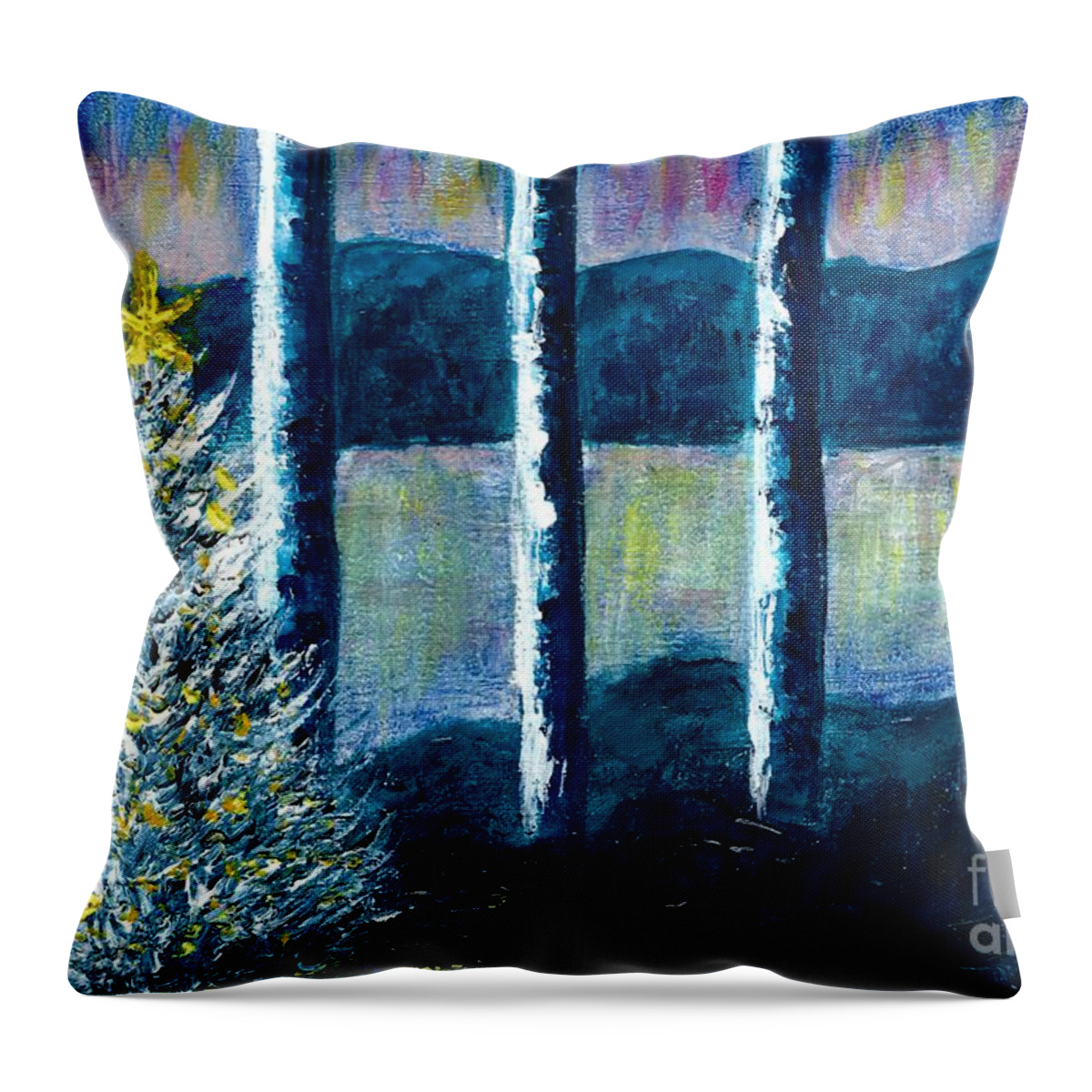 #christmas #trees #christmastrees #forests #lakes #holidays #seasonal Throw Pillow featuring the painting Enlightened Forest by Allison Constantino