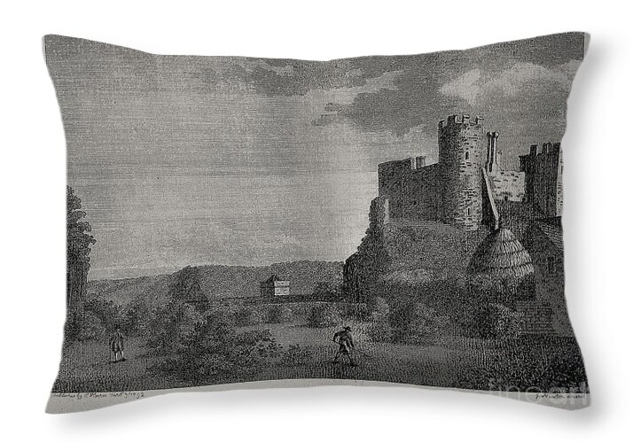 Castle Throw Pillow featuring the mixed media Enniscorthy Castle,1792ad by Val Byrne