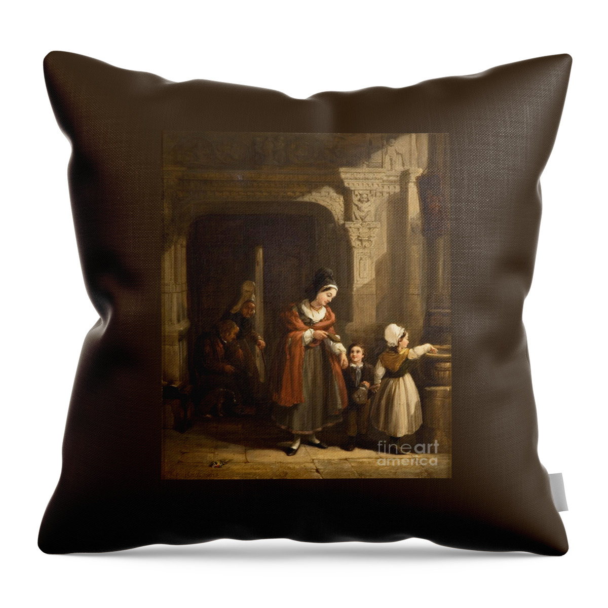 Frederick Goodall - Entering A Church Throw Pillow featuring the painting Entering a Church Brittany by MotionAge Designs