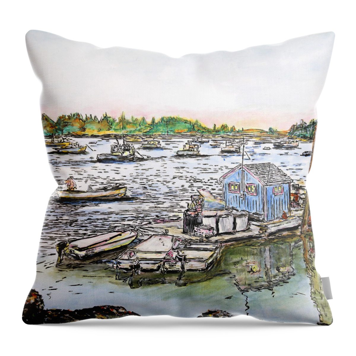 Carver's Harbor Throw Pillow featuring the drawing Entering Vinal Haven, Maine by Michele A Loftus