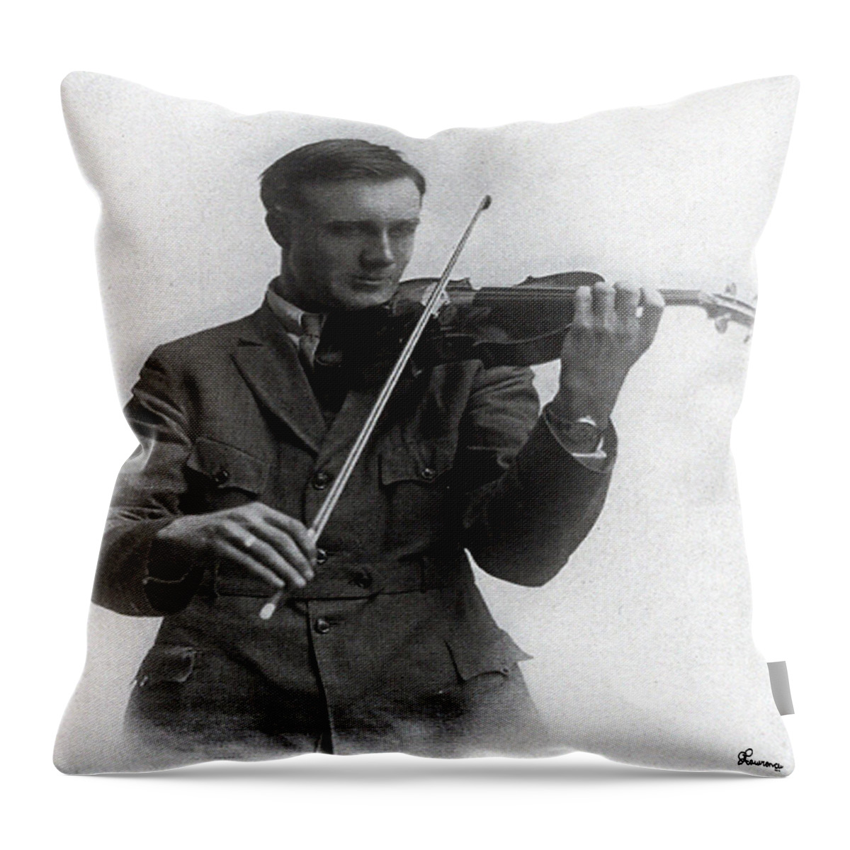 Old Photo Black And White Classic Saskatchewan Pioneers History Fiddle Violin Throw Pillow featuring the photograph Entertainer by Andrea Lawrence