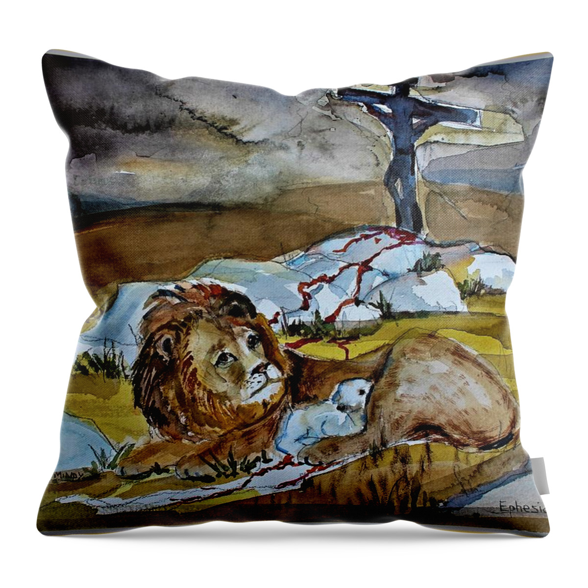 Lion Throw Pillow featuring the painting Ephesians 2 13 by Mindy Newman