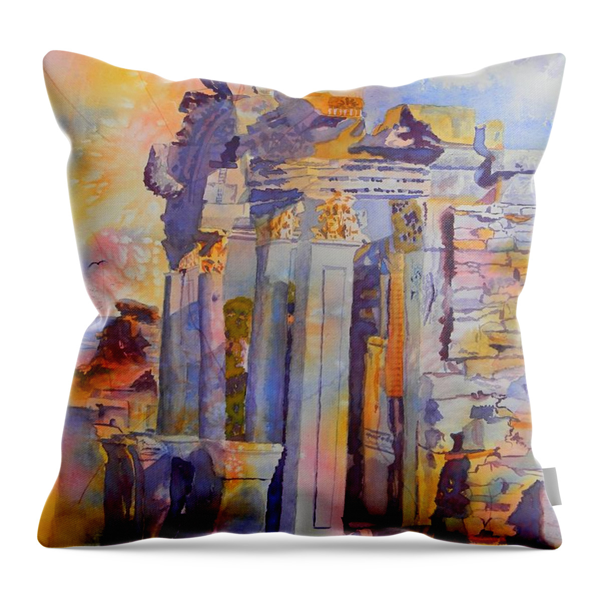 Ephesus Ruins Throw Pillow featuring the painting Ephesus Ruins by Warren Thompson