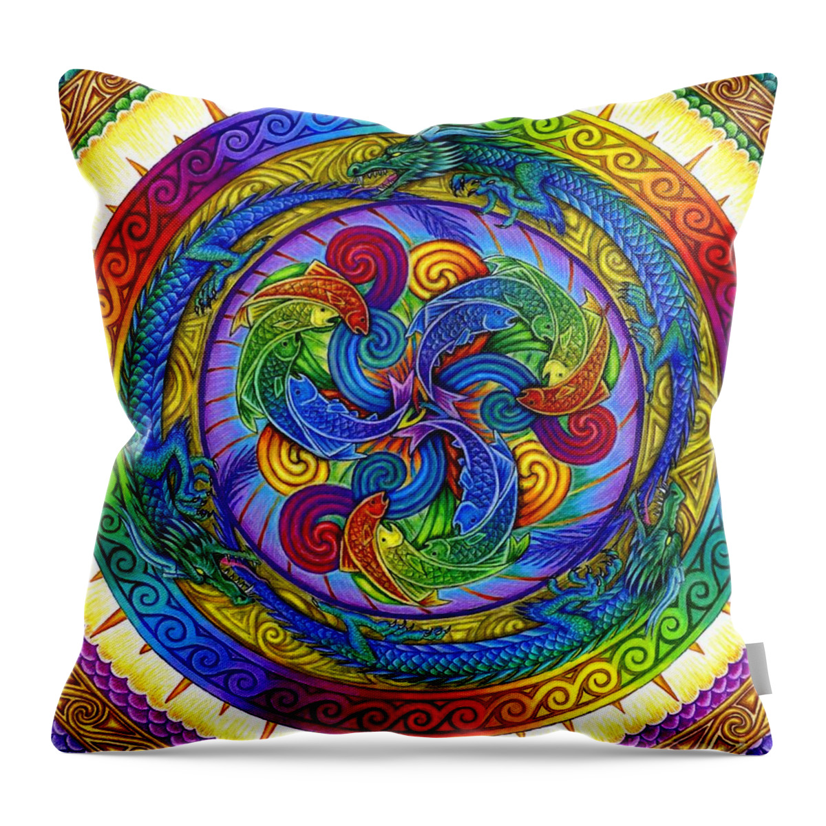 Dragon Throw Pillow featuring the drawing Psychedelic Dragons Rainbow Mandala by Rebecca Wang