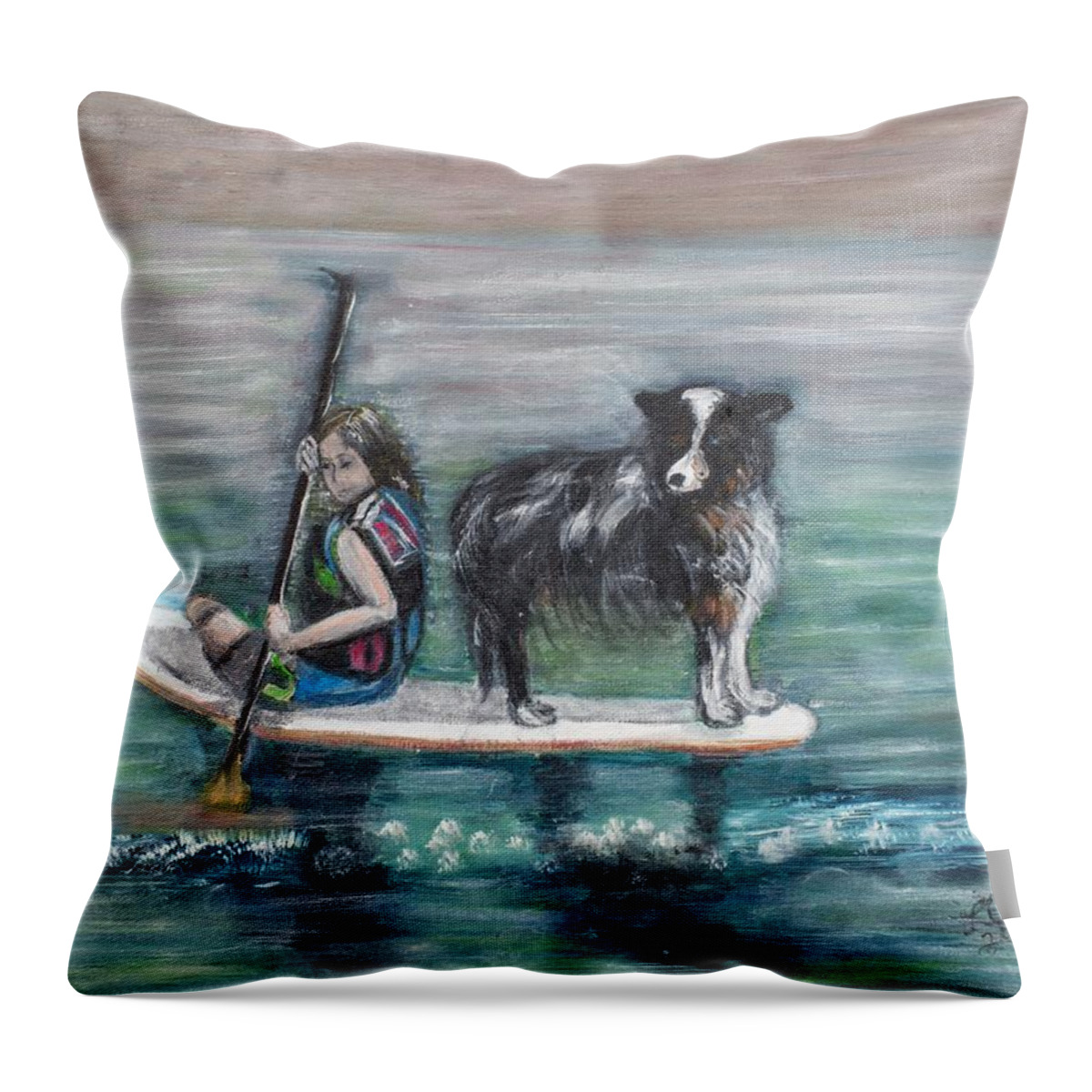Lake Throw Pillow featuring the painting Erin and Oakie on the Paddle Board by Lucille Valentino
