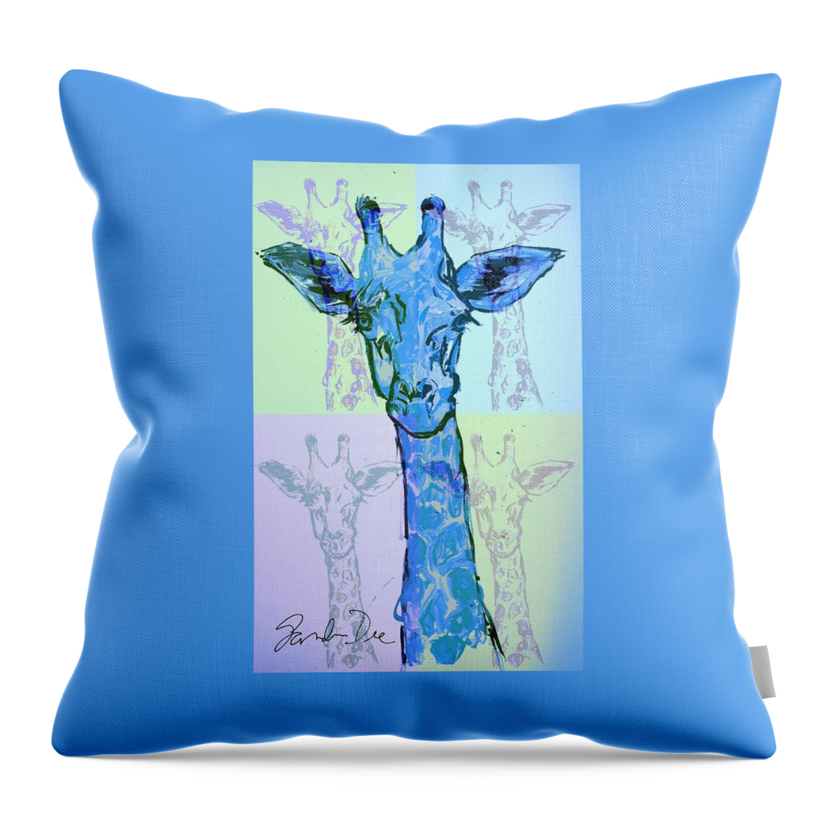 Giraffe Throw Pillow featuring the painting Esther's Blue Giraffe by Sandra Dee
