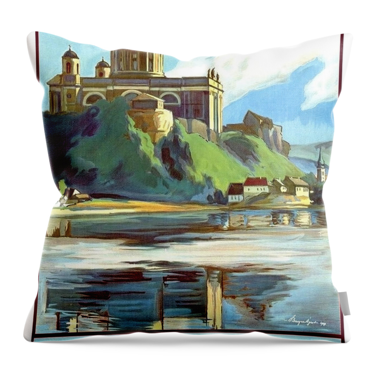 Esztergom Throw Pillow featuring the painting Esztergom, beautiful city on Danube river, Hungary, by Long Shot