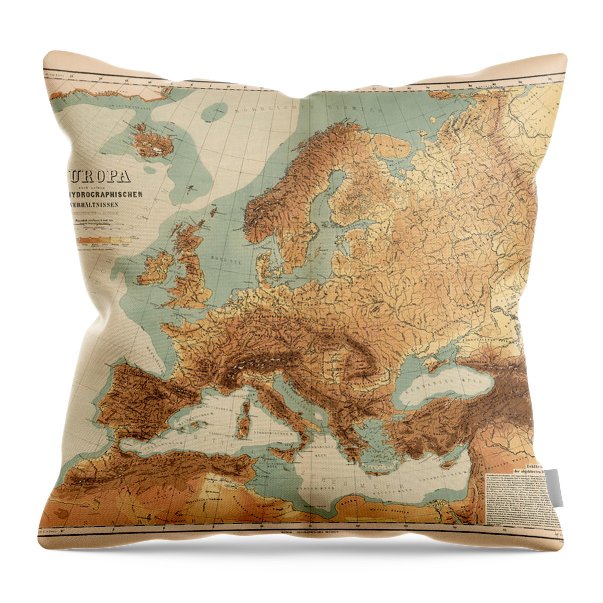 Antique Relief Map Throw Pillow featuring the drawing Europe - Geological Map showing Land and Water Resources - Historical Map - Antique Relief Map by Studio Grafiikka