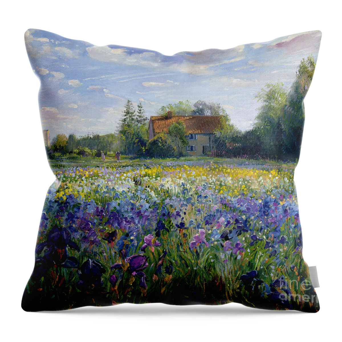 Landscape;market Gardening; Flowers; Horticulture;cottage; Summer; Rural; Irises; Landscapes Throw Pillow featuring the painting Evening at the Iris Field by Timothy Easton
