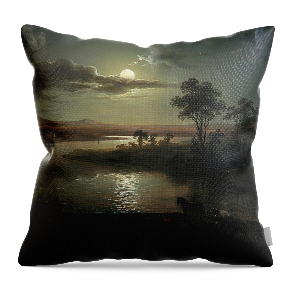 Abraham Pether Throw Pillow featuring the painting Evening scene with full moon and persons by Abraham Pether