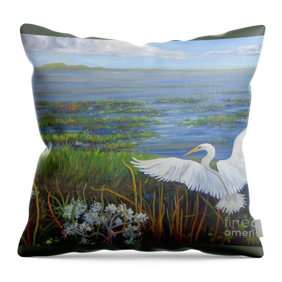 Egret Throw Pillow featuring the painting Everglades Egret by Anne Marie Brown
