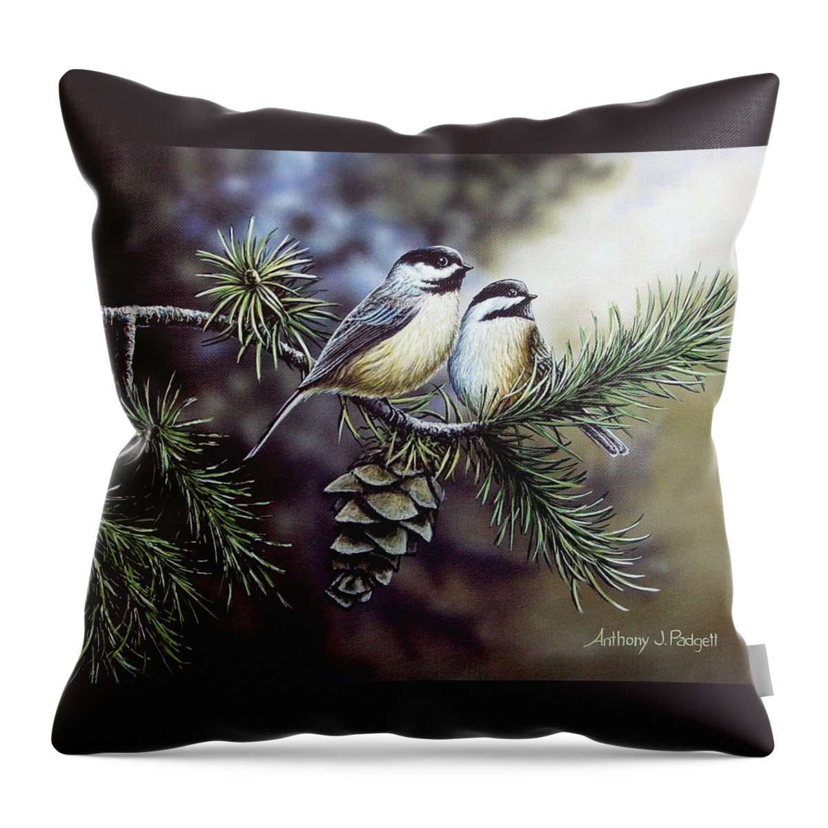 Chickadees Throw Pillow featuring the painting Evergreen Chickadees by Anthony J Padgett