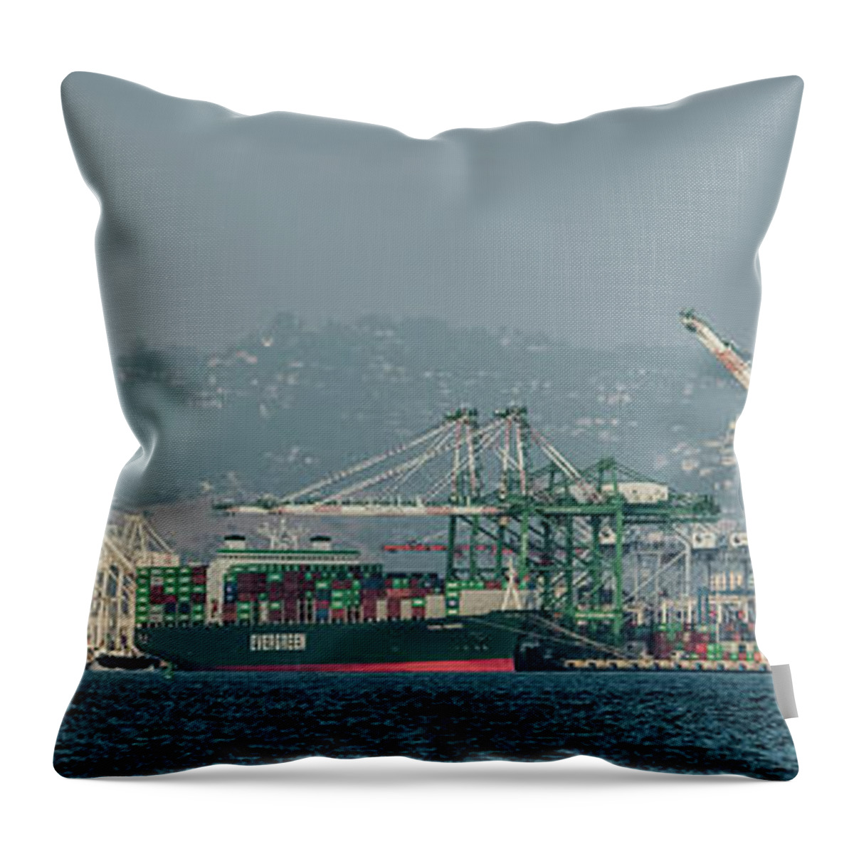 Evergreen Throw Pillow featuring the photograph Evergreen Freight Ship and Cargo in Port of Oakland, California by David Oppenheimer