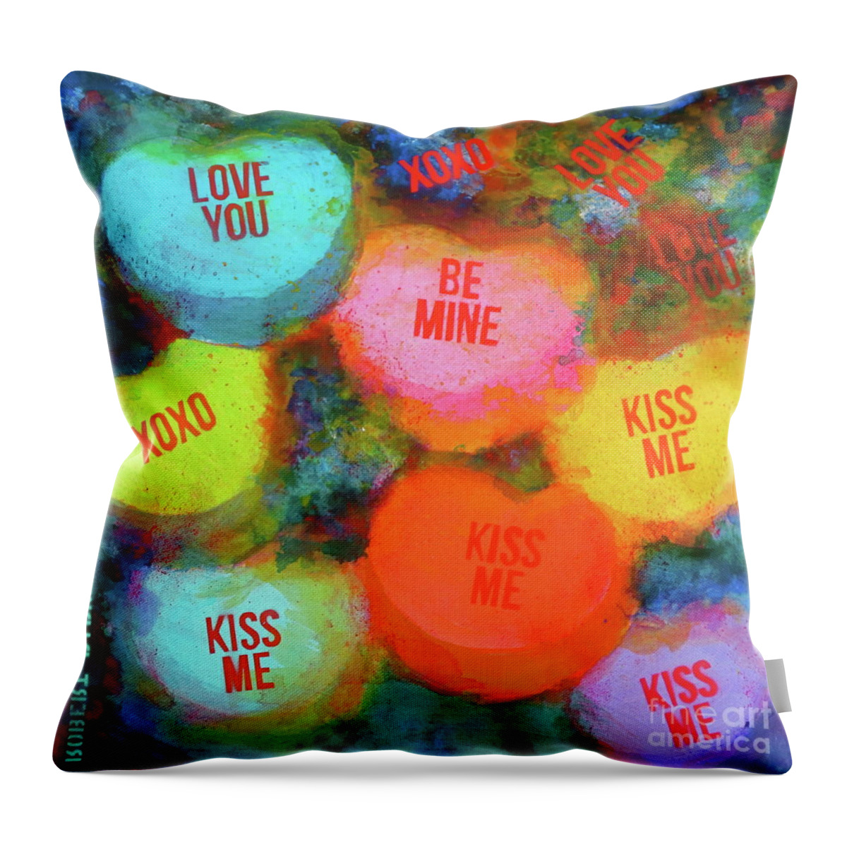 Valentine Candy Hearts Painting Throw Pillow featuring the painting Everyday Valentine by Robert Birkenes