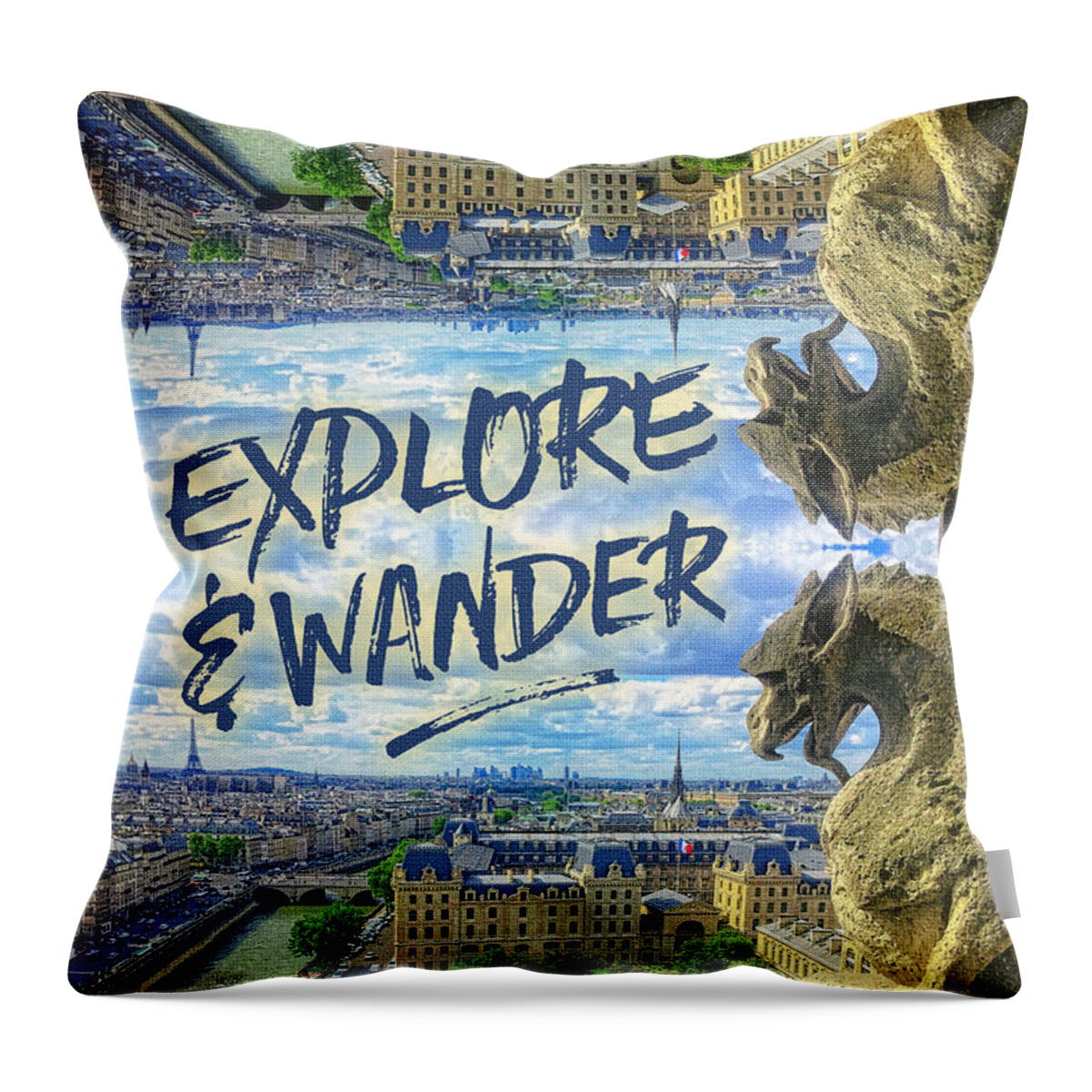 Explore & Wander Throw Pillow featuring the photograph Explore and Wander Notre Dame Cathedral Gargoyle Paris by Beverly Claire Kaiya