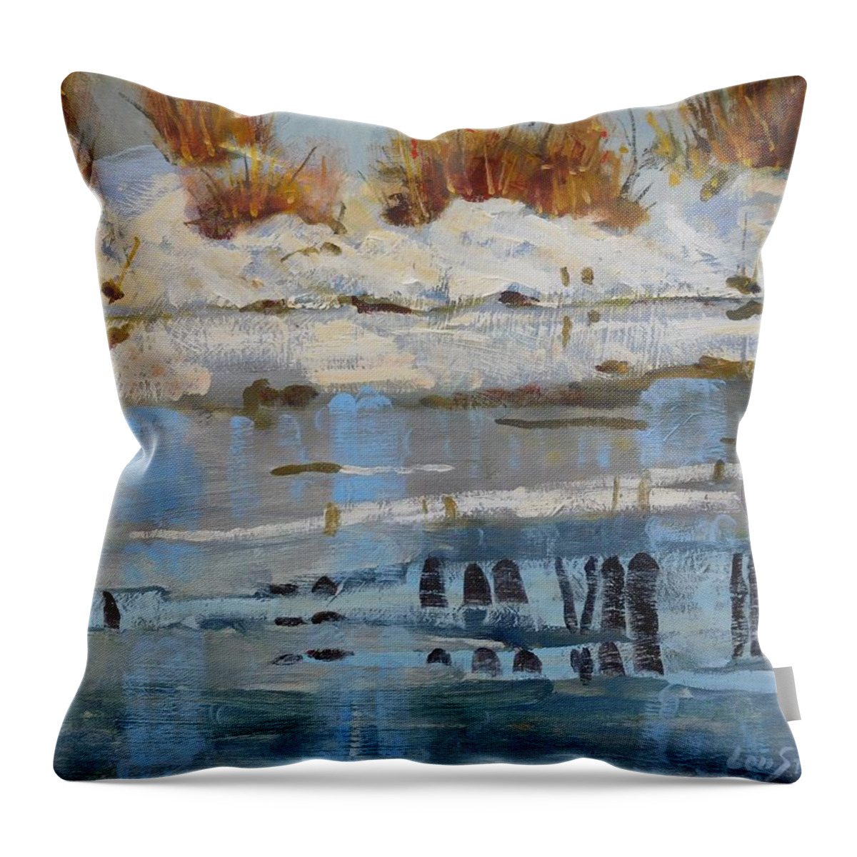 New Ice Throw Pillow featuring the painting Extra Thin Ice by Len Stomski
