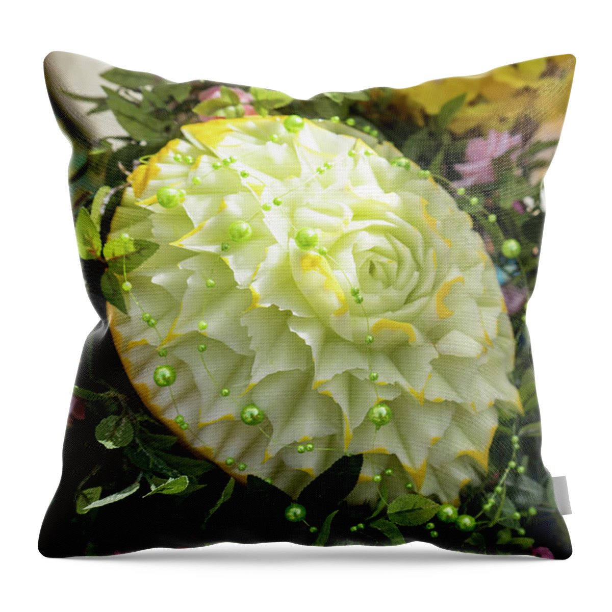 Carved Melon Throw Pillow featuring the photograph Extravagant Jeweled Dishes - Carved Melon Flower With Green Pearls by Georgia Mizuleva