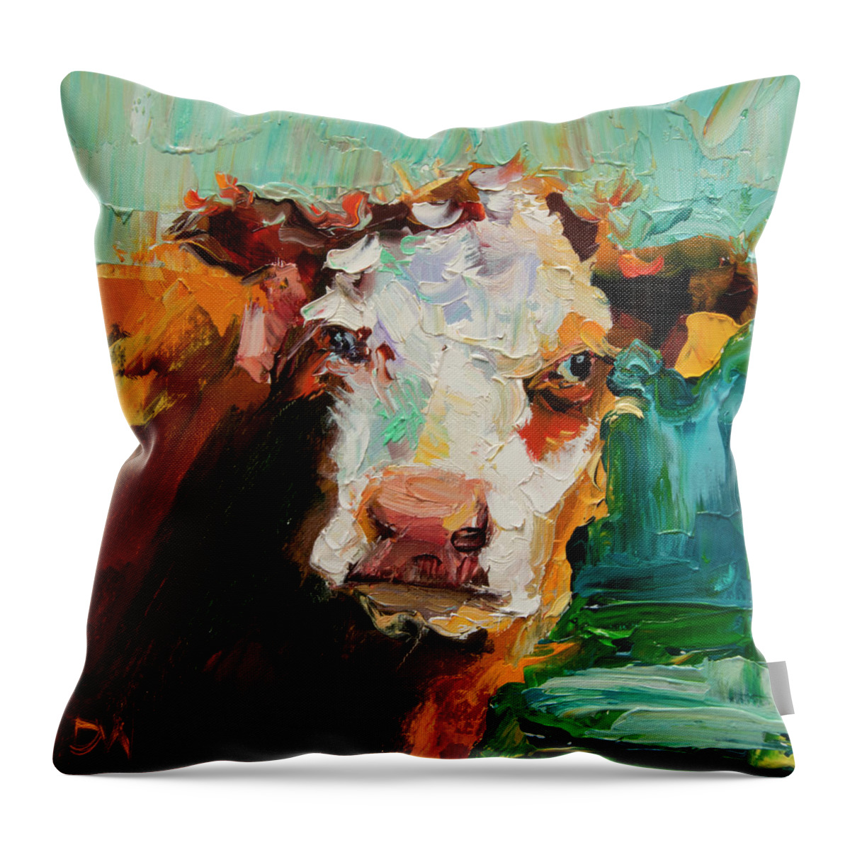 Cow Throw Pillow featuring the painting Eye on you Cow by Diane Whitehead