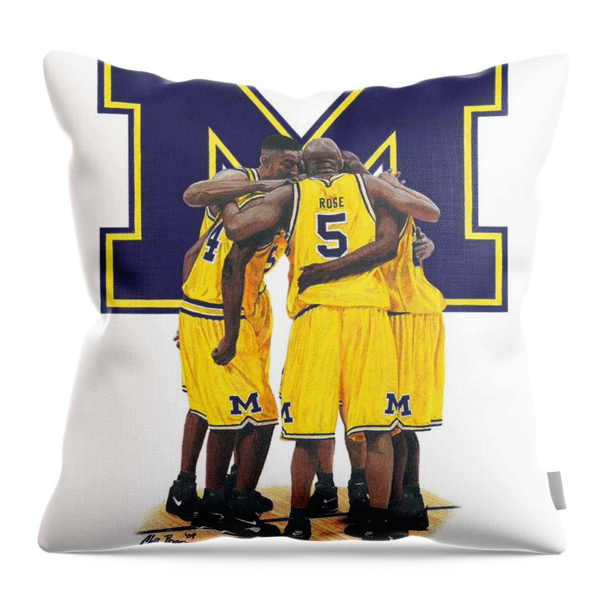 Michigan Wolverines Throw Pillow featuring the drawing Fab Five by Chris Brown
