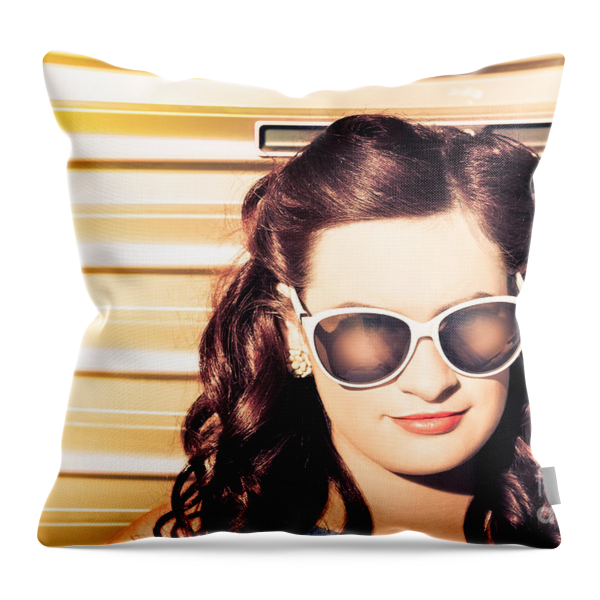 1960 Throw Pillow featuring the photograph Face of a retro beauty model in cool accessories by Jorgo Photography