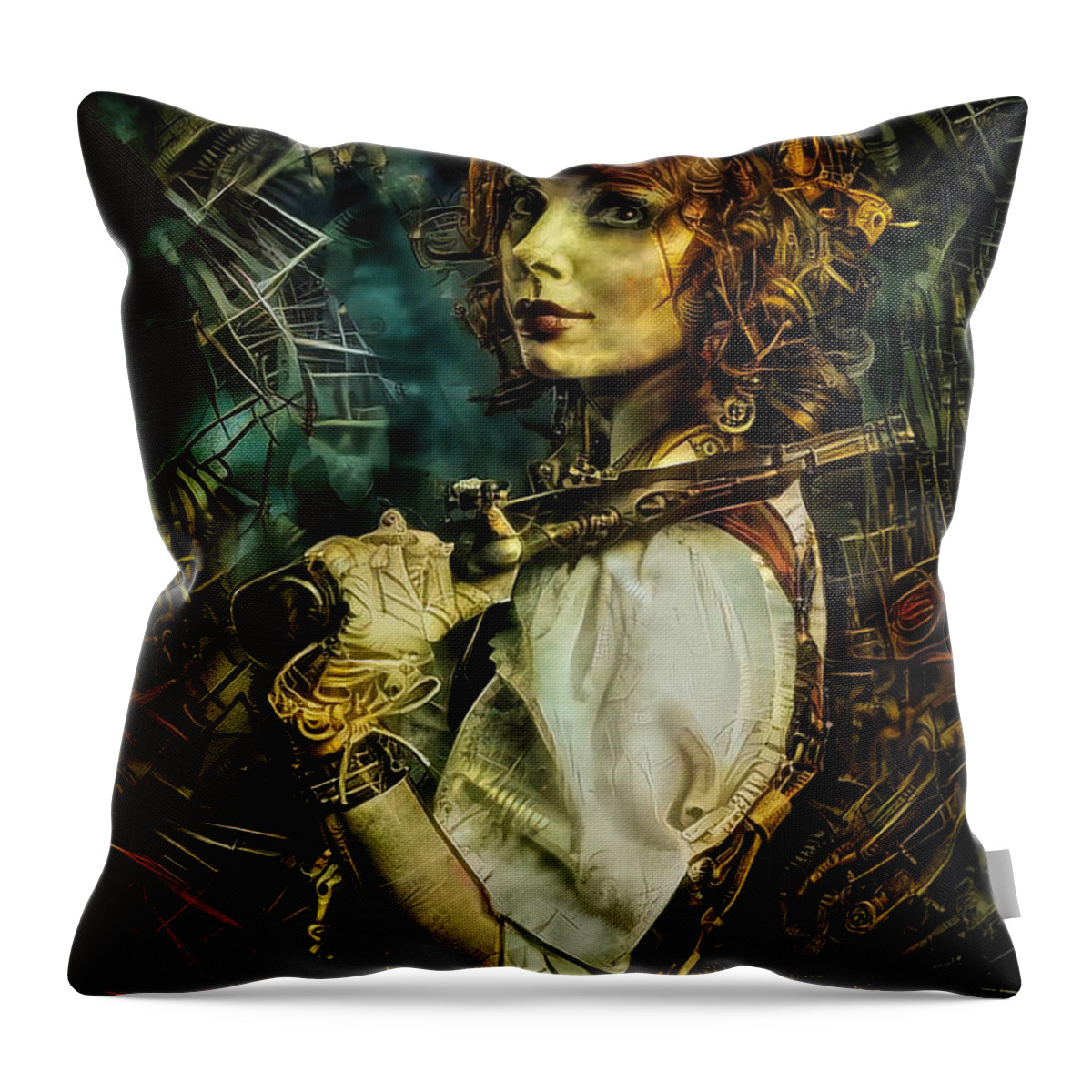 Steampunk Throw Pillow featuring the mixed media Facilitatress by Lilia S