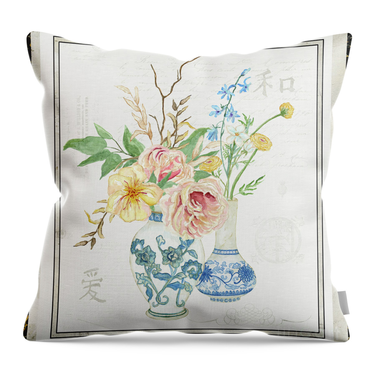 French Throw Pillow featuring the painting Faded Glory Chinoiserie - Floral Still Life 2 Blush Gold Cream by Audrey Jeanne Roberts