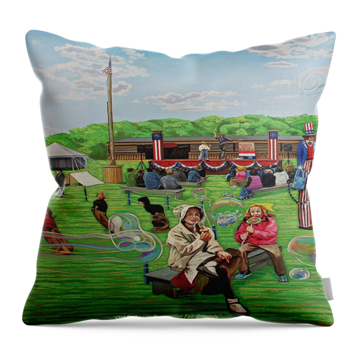  Throw Pillow featuring the painting Fairgrounds at Old Bethpage Restoration towel version by Bonnie Siracusa
