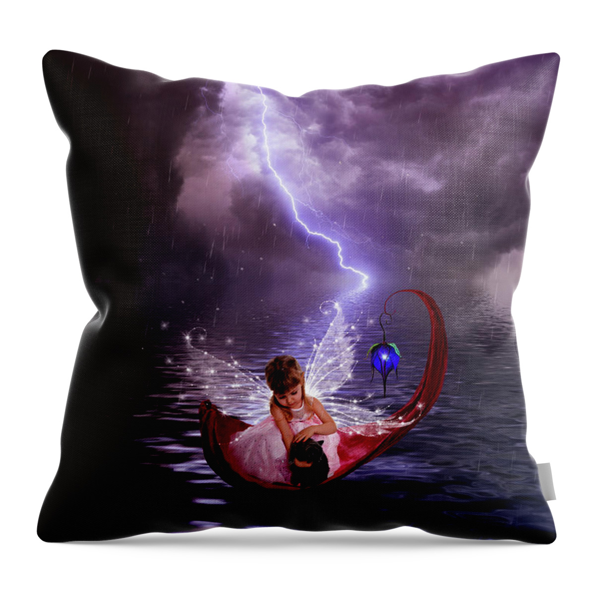 Fairy Throw Pillow featuring the digital art Fairy with her kitty caught in the rain by Lilia S