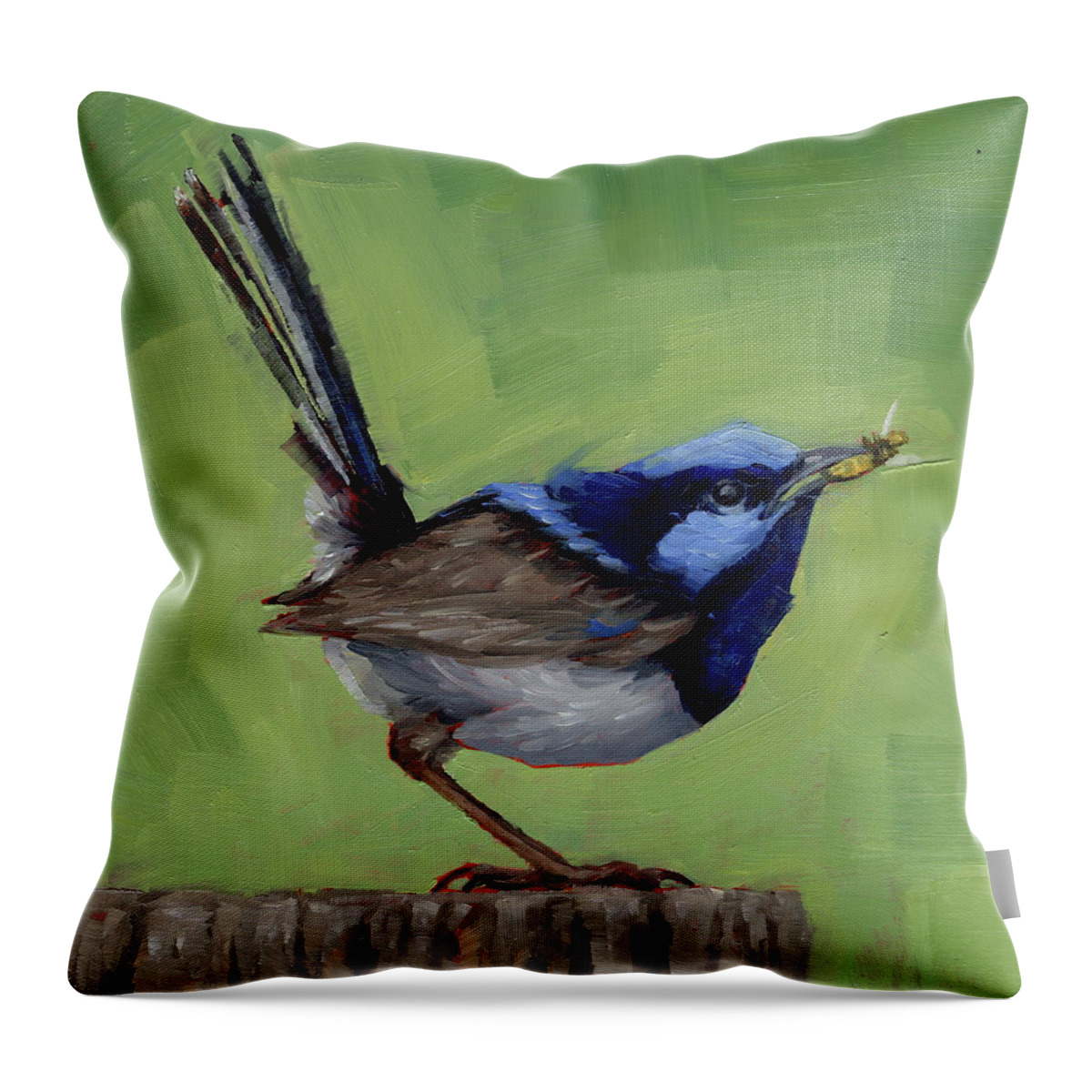 Wren Throw Pillow featuring the painting Fairy Wren With Lunch by Margaret Stockdale